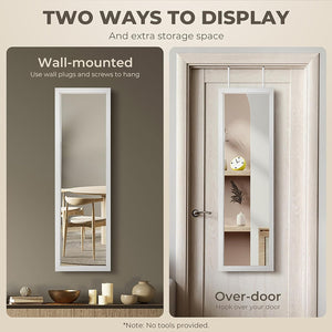 LED Jewelry Cabinet Armoire Lockable with Mirror, Jewelry Storage Organiser Large Space,Wall/Door Mounted Dressing Mirror Full Length for Bedroom,Living Room,Bathroom, 37X10X120Cm (White)