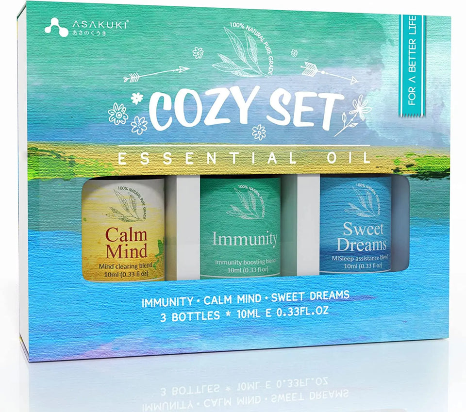Top3 Blends Essential Oils Cozy Set Theraputic Grade Aromatherapy Oils for Sleep, Anxiety & Stress Relief, Immune Defence, Muscle Relief for Diffusers Humidifiers Massage, 10Ml