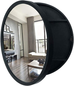 Round Mirror Cabinet Bathroom Wall Mirror Bedroom Makeup Mirror with Storage Cabinet Wooden Mirror Cabinet Waterproof and Anti-Corrosion (Color : Black, Size : 70Cm)