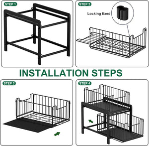 2 Tier under Sink Organizer with Sliding Pull Out Drawer,Multi-Purpose under Sink Shelf Storage Rack for Bathroom Kitchen Black