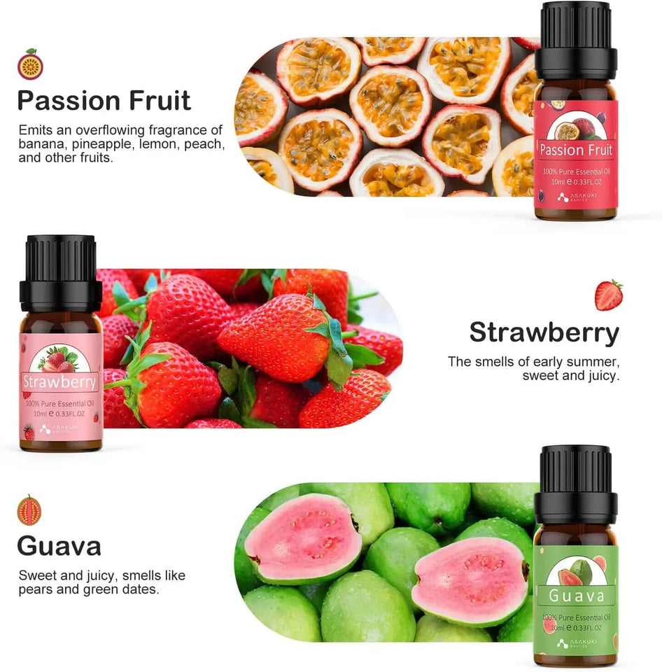 Fruit Essential Oils Set of 6 X 10Ml Aromatherapy Oils for Diffusers - Passion Fruit, Strawberry, Guava, Pineapple, Green Apple, Fig Fruity Scented Fragrance Oils for Diffusion, Candle Making