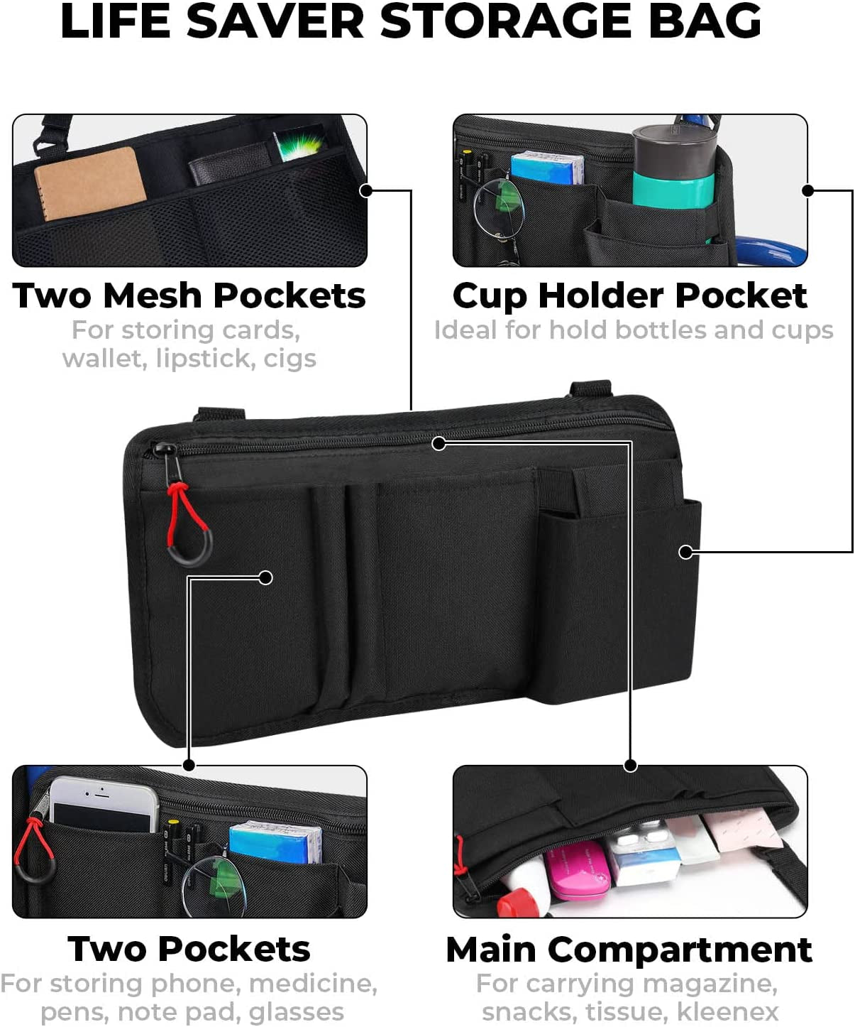 pf Wheelchair Side Pouch Bag(Double-Side) with Cup and Phone Holder for  Manual, Electric or Power Mobility Scooter Full ARMREST for Lightweight