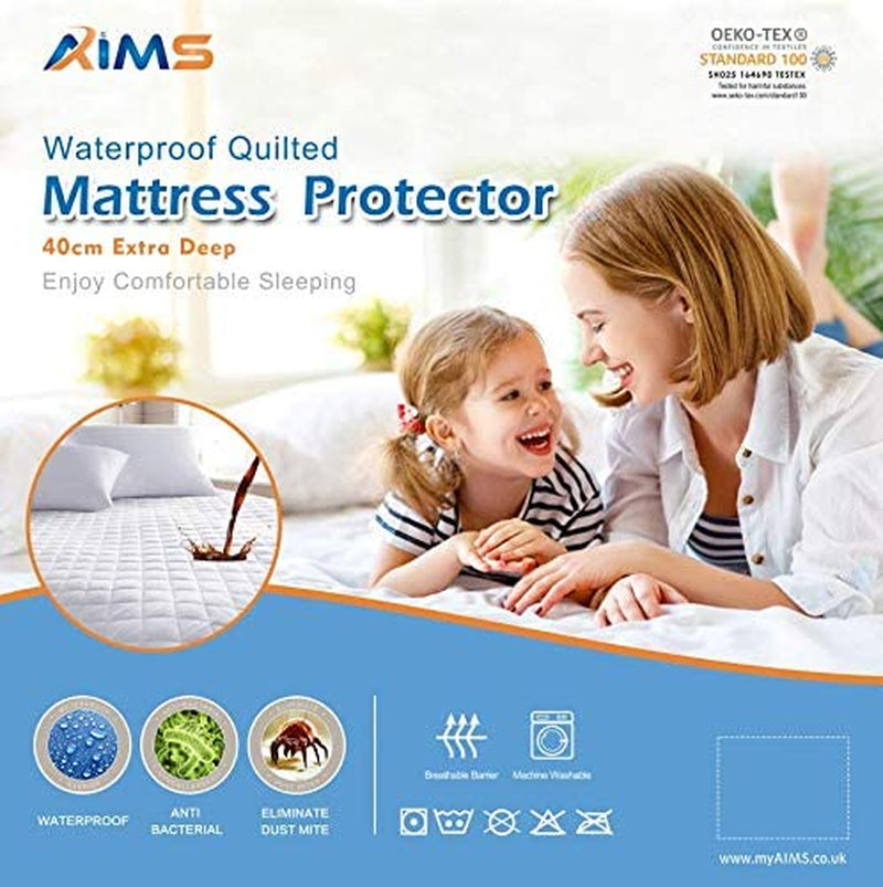 Waterproof Quilted Mattress Protector Queen Fitted Bed Topper, Hypoallergenic, Super Soft -Breathable and Noiseless Mattress Cover Stretches up to 40Cm Deep Mattress Support (Queen 155X200)