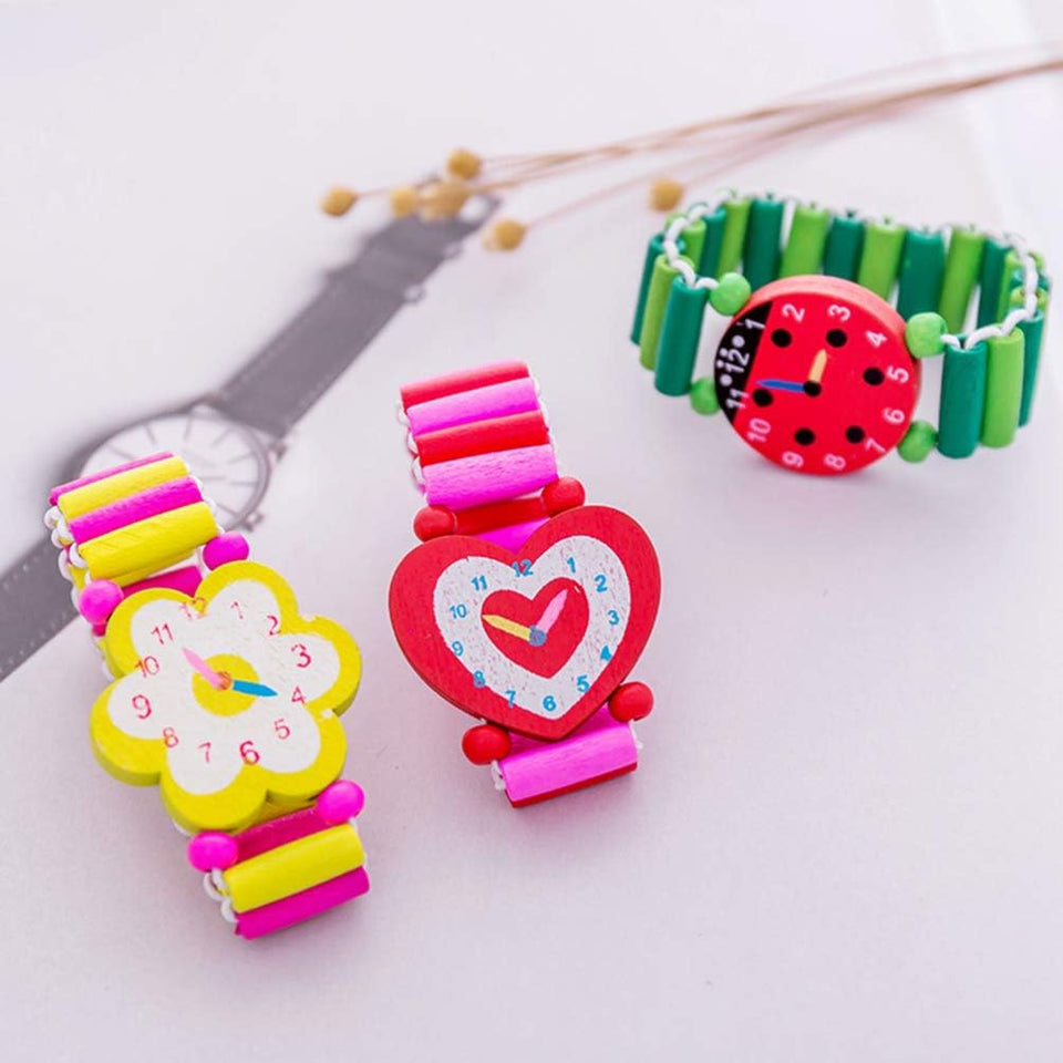 Kids Watches 4Pcs Kids Wood Watch Toy Stretchy Watches Fake Watch Wristband Bracelet Wristwatches for Boys Girls Random Styles and Colors Childrens Toys