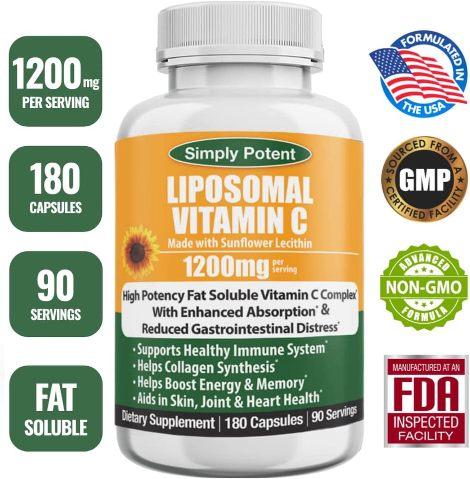 Liposomal Vitamin C 1200Mg, 180 Vit C Capsules, Stronger Supplement than Liposomal Vitamin C 1000Mg or Vitamin C 500Mg, High Dose Ascorbic Acid Vitamin C Antioxidant for Collagen Immune Support Heart