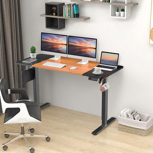 Electric Height Adjustable Standing Desk 140X60Cm (55.1"X23.6"), Sit Stand Desk with Splicing Top for Home Office (Black Frame, Black + Cherry Desktop)