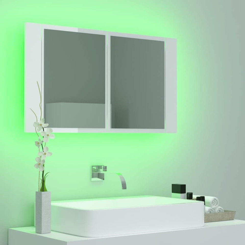 LED Bathroom Mirror Cabinet Indoor Washroom Vanity Wall Furniture LED Mirror Storage Cabinet with RGB Light High Gloss White Acrylic