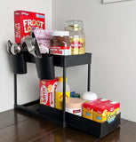 2 PACK 2 Tire Storage Shelf Organiser Spice Rack Sliding Drawer Basket under Sink Kitchen Bathroom Home Black