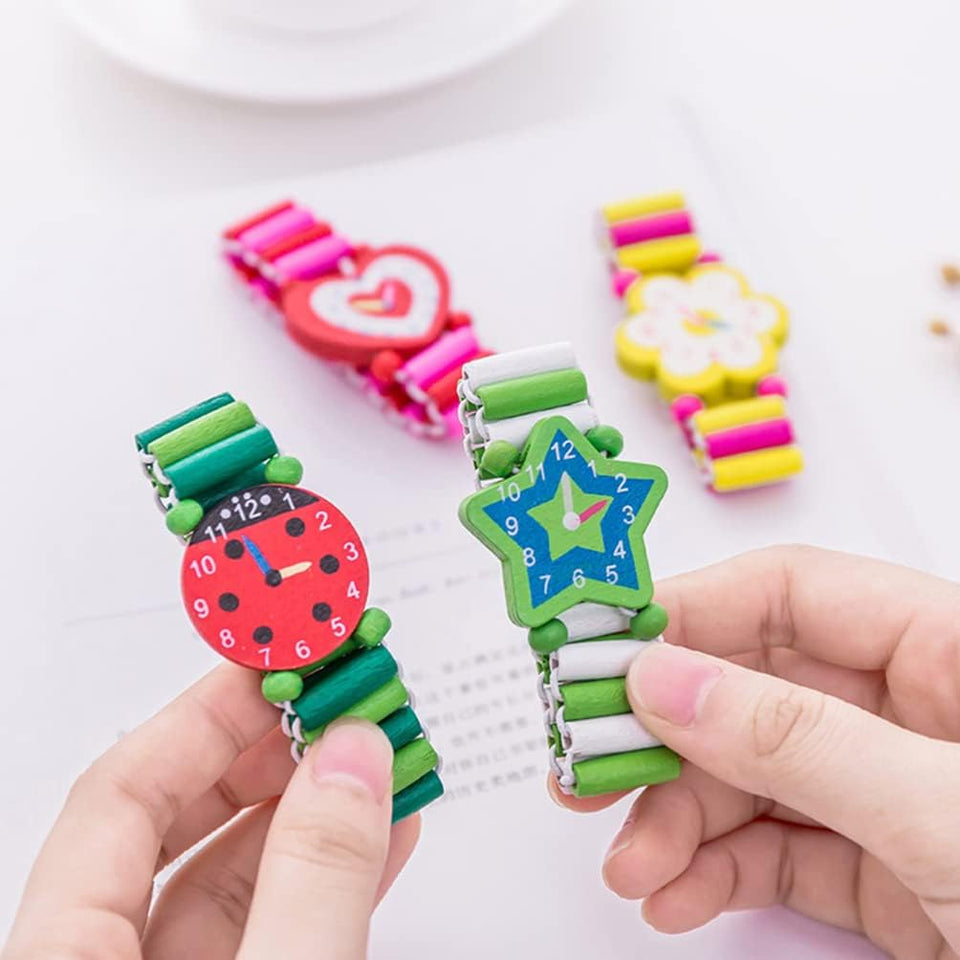 Kids Watches 4Pcs Kids Wood Watch Toy Stretchy Watches Fake Watch Wristband Bracelet Wristwatches for Boys Girls Random Styles and Colors Childrens Toys