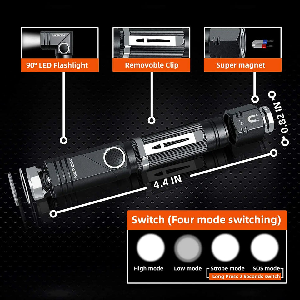 NICRON N7 600 Lumens Tactical Flashlight, 90 Degree Rotation, Ip65 Waterproof with 4 Modes Pattan Australia