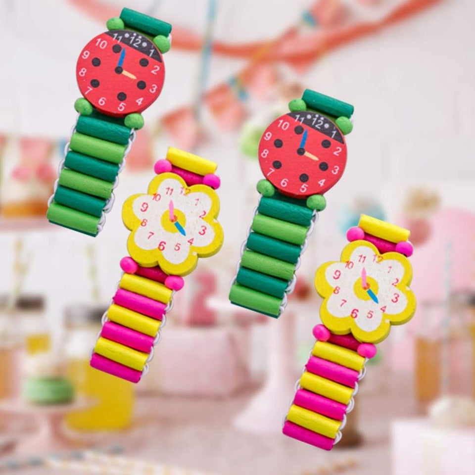 Kids Watches 4Pcs Kids Wood Watch Toy Stretchy Watches Fake Watch Wristband Bracelet Wristwatches for Boys Girls Random Styles and Colors Childrens Toys