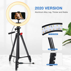 10'' Ring Light with 51” Tripod Flexible Stand LED Selfie Ringlight 10 Brightness with Camera Remote Shutter Phone Holder for Tiktok Youtube Video Live Stream Makeup