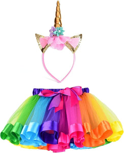 Girls Layered Rainbow Tutu Skirt with Unicorn Horn Headband Outfits for Birthday Party Dress Up