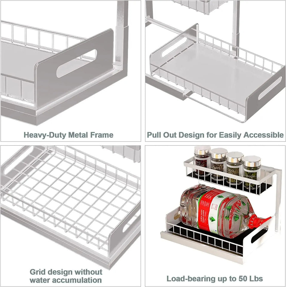 Kitchen Storage & Organisation, under Sink Storage,2 Tier under Sink Organiser, Sliding Cabinet Drawer Storage with Non-Slip Pads,Multi-Purpose under Sink Shelf Organizer