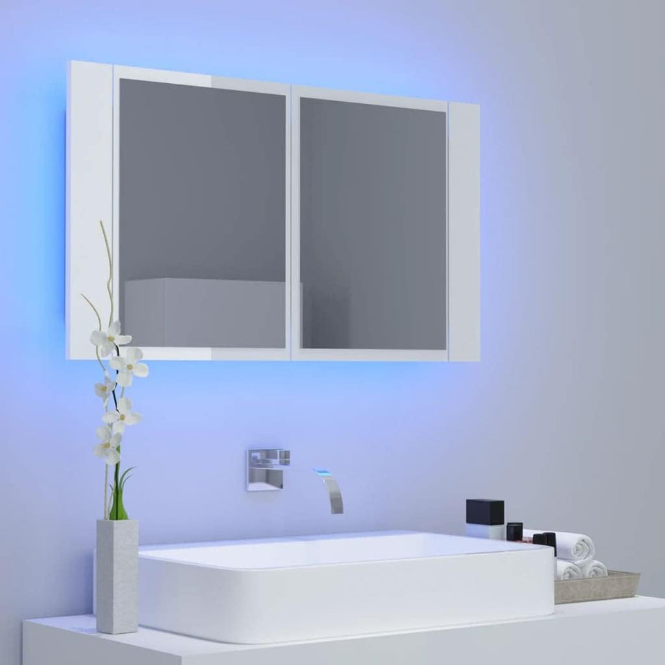 LED Bathroom Mirror Cabinet Indoor Washroom Vanity Wall Furniture LED Mirror Storage Cabinet with RGB Light High Gloss White Acrylic