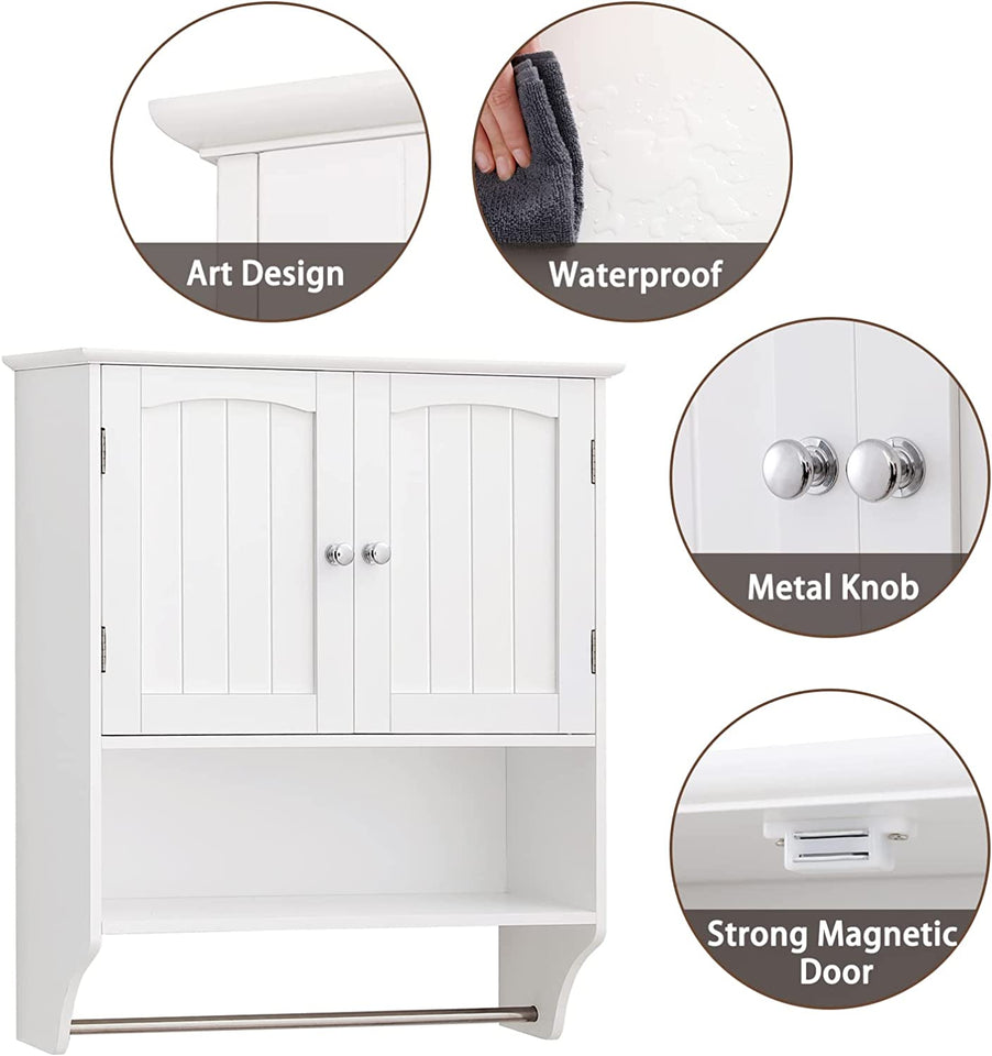 Wall Bathroom Cabinet with 2 Shelf & Towels Bar, Medicine Cabinet with 2 Doors for Bathroom, Wall Mount Bathroom Cabinet, over the Toilet Space Saver Storage Cabinet, White