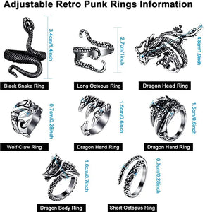 Unisex Vintage Punk Adjustable Rings 8 Pieces Octopus, Dragon, Snake pattanaustralia