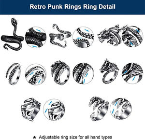 Unisex Vintage Punk Adjustable Rings 8 Pieces Octopus, Dragon, Snake pattanaustralia