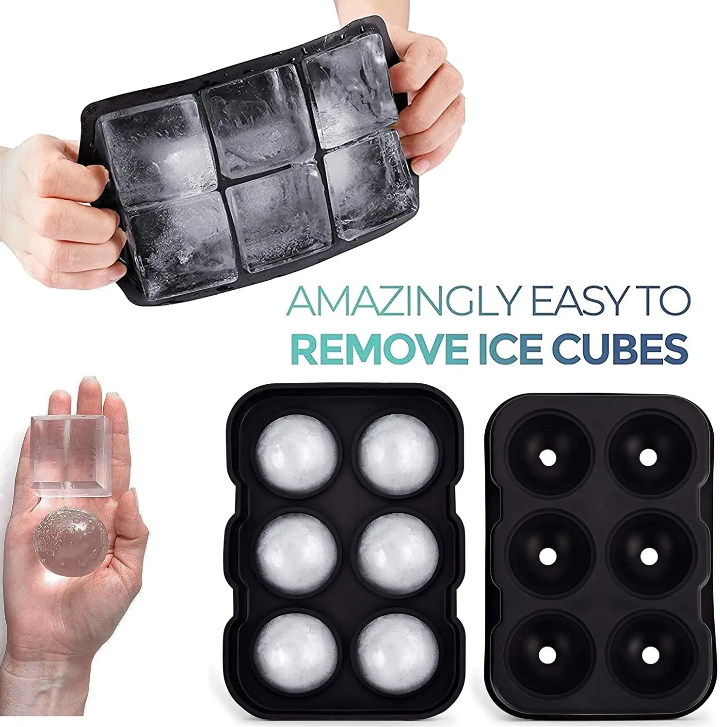 Ice Cube Tray, Large Square Ice Tray and Sphere Ice Ball Maker with Lid,  Funnel for Whiskey, Reusable and BPA Free (Silicone Ice Cube Molds Set of  2) 