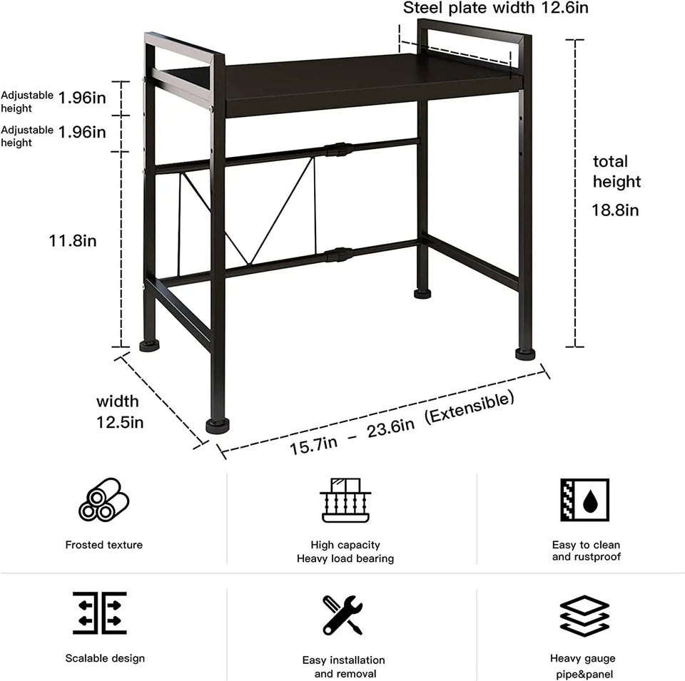 Microwave Shelf, Expandable Microwave Oven Rack, Kitchen Shelf Organiser, Adjustable Width & Height Kitchen Stand Counter Shelf with 3 Hooks (Black 1-Tier)