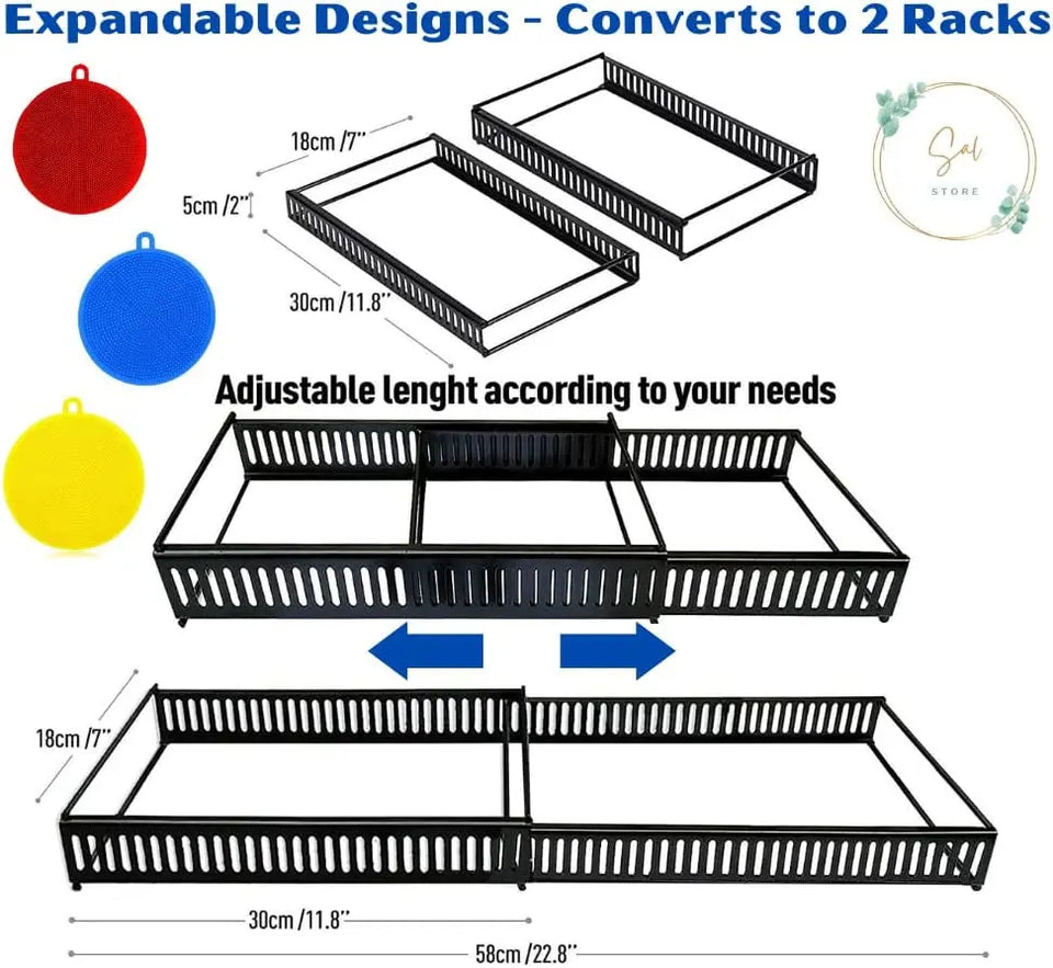 SAL STORE Expandable Pan Organizer Rack with 3 Free Reusable Silicon Sponges - Pots and Pans Organizer for Kitchen - 10 Adjustable Compartment - Durable Steel & Space Saving for Kitchen