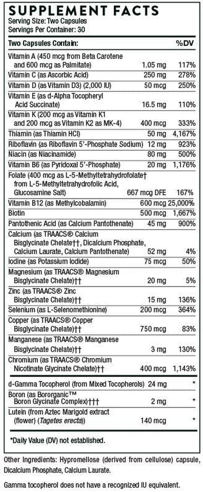 Thorne Basic Nutrients 2/Day - Comprehensive Daily Multivitamin with Optimal Bioavailability - Vitamin and Mineral Formula - Gluten-Free, Dairy-Free, Soy-Free - 60 Capsules - 30 Servings