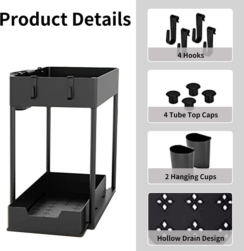 Under Sink Organizer, 2-Tier Sliding Storage Drawer Basket Organizer for Kitchen Bathroom with 4 Hooks 2 Hanging Cups Multi-Purpose Pantry Organization and Storage Black