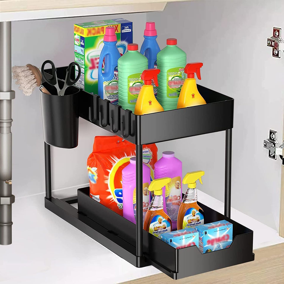 Under Sink Organizer, 2-Tier Sliding Storage Drawer Basket Organizer for Kitchen Bathroom with 4 Hooks 2 Hanging Cups Multi-Purpose Pantry Organization and Storage Black