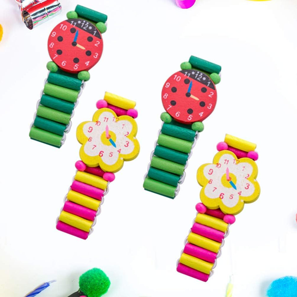 Kids Watches 4Pcs Kids Wood Watch Toy Stretchy Watches Fake Watch Wristband Bracelet Wristwatches for Boys Girls Random Styles and Colors Childrens Toys