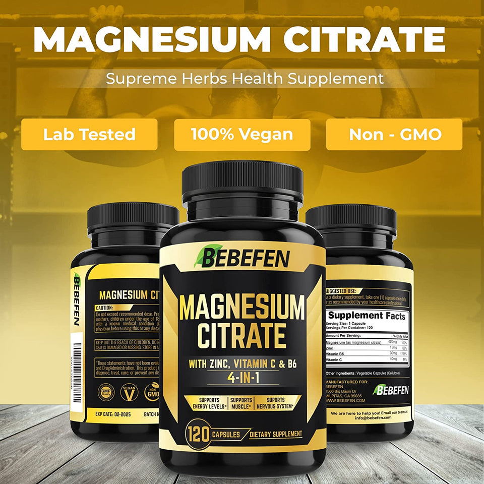 (𝟒 𝐌𝐨𝐧𝐭𝐡 𝐒𝐮𝐩𝐩𝐥𝐲) Magnesium Citrate 𝟏𝟐𝟎 𝐂𝐚𝐩𝐬𝐮𝐥𝐞𝐬 with 𝐙𝐢𝐧𝐜, 𝐕𝐢𝐭𝐚𝐦𝐢𝐧 𝐂, 𝐁𝟔 – Muscle, Joint, Heart & Digestion Support