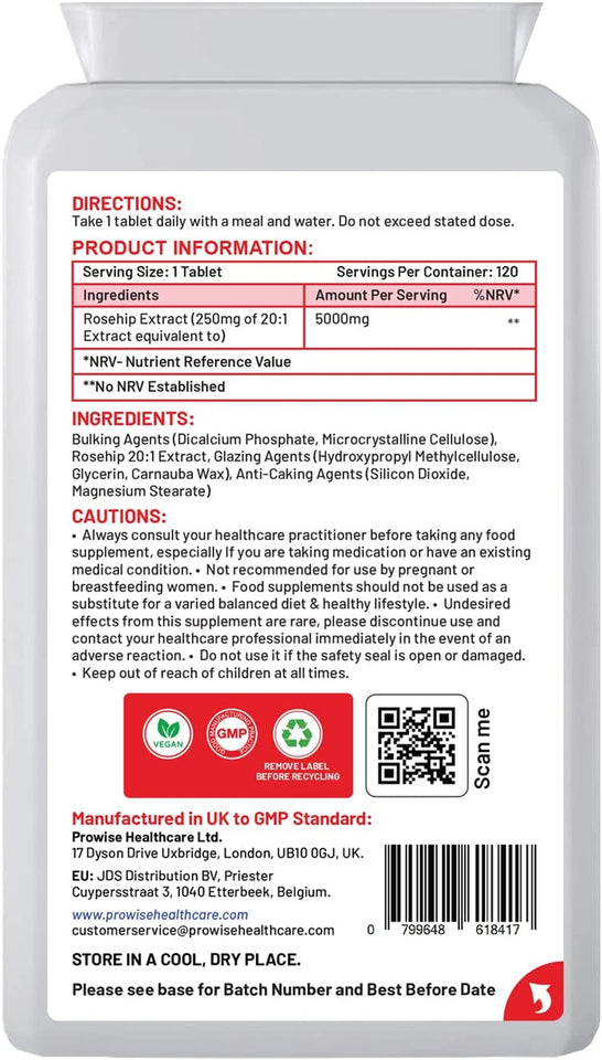 Rosehip Health+ 5000Mg 120 Vegetarian & Vegan Tablets | High Strength Rosehip Tablets Supplements - UK Manufactured | GMP Standards by Prowise Healthcare
