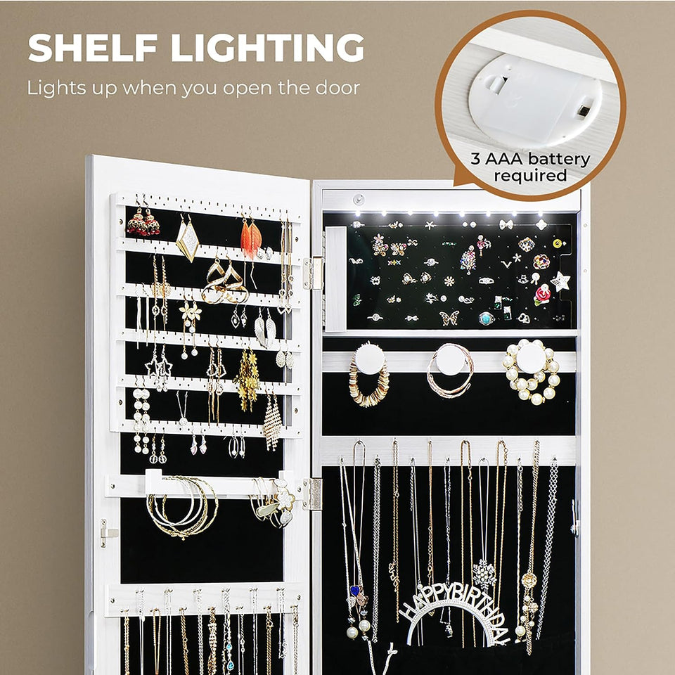 LED Jewelry Cabinet Armoire Lockable with Mirror, Jewelry Storage Organiser Large Space,Wall/Door Mounted Dressing Mirror Full Length for Bedroom,Living Room,Bathroom, 37X10X120Cm (White)