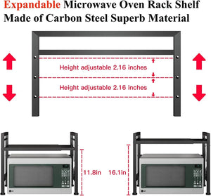 Microwave Shelf, Expandable Microwave Oven Rack, Kitchen Shelf Organiser, Adjustable Width & Height Kitchen Stand Counter Shelf with 3 Hooks (Black 1-Tier)