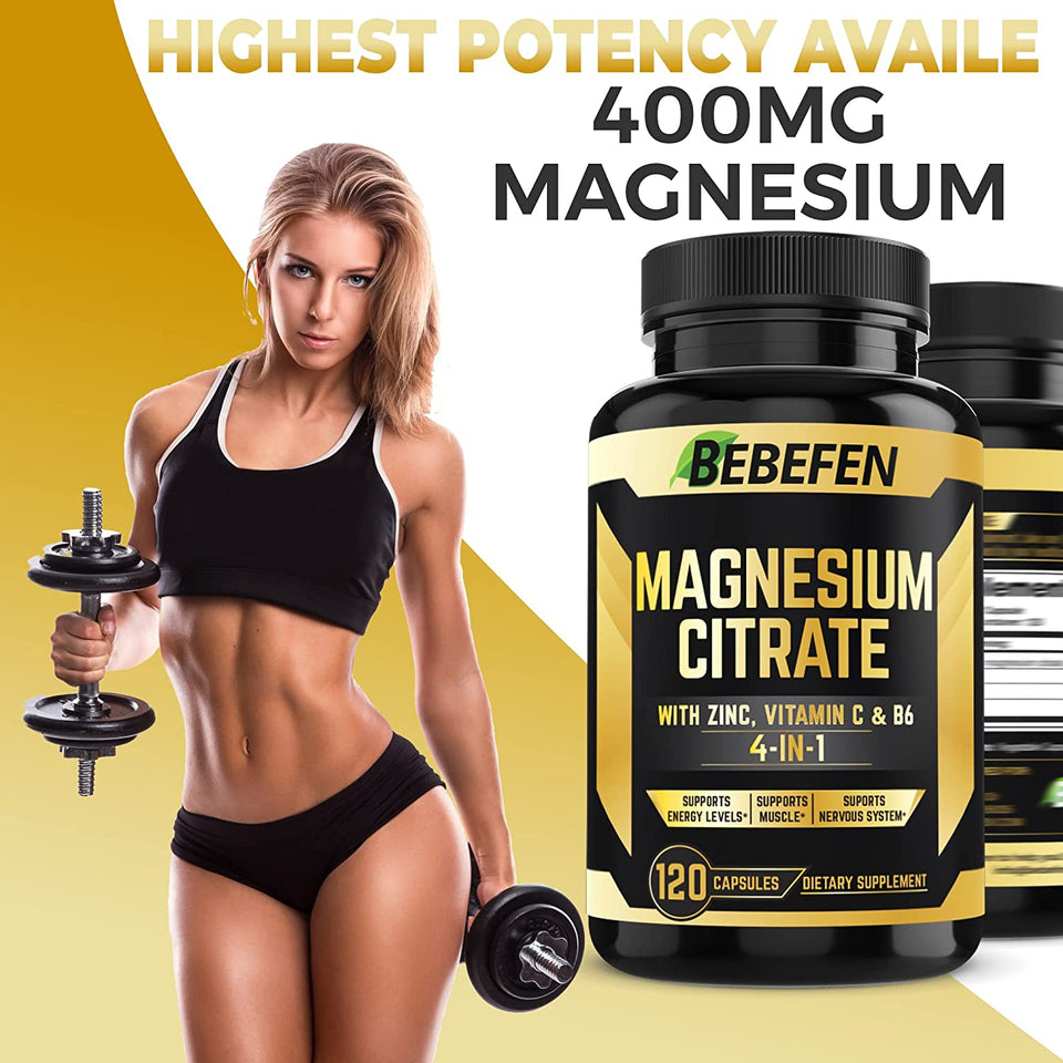 (𝟒 𝐌𝐨𝐧𝐭𝐡 𝐒𝐮𝐩𝐩𝐥𝐲) Magnesium Citrate 𝟏𝟐𝟎 𝐂𝐚𝐩𝐬𝐮𝐥𝐞𝐬 with 𝐙𝐢𝐧𝐜, 𝐕𝐢𝐭𝐚𝐦𝐢𝐧 𝐂, 𝐁𝟔 – Muscle, Joint, Heart & Digestion Support