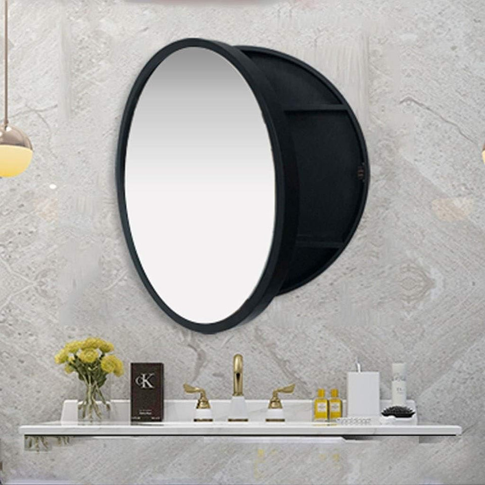 Round Mirror Cabinet Bathroom Wall Mirror Bedroom Makeup Mirror with Storage Cabinet Wooden Mirror Cabinet Waterproof and Anti-Corrosion (Color : Black, Size : 70Cm)