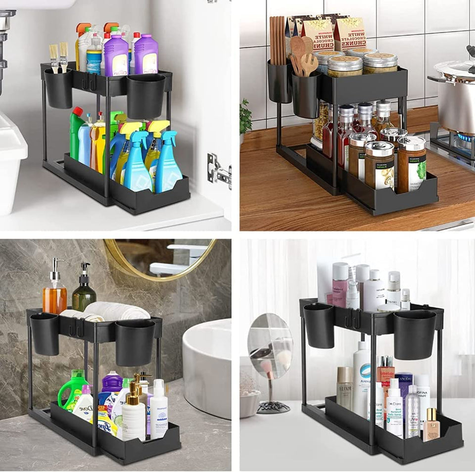 under Sink Organiser and Storage, 2 Tier Pull Out Sliding Cabinet Basket Organizer Rack with Hooks, Hanging Cup, Multi-Purpose Spice Rack Storage Shelf for Bathroom Kitchen Countertop