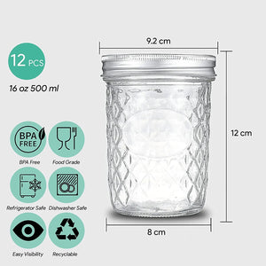 Glass Mason Jars with Airtight Lids, 500ML Flowbyoz Dimond Pattern Quilted Crystal Wide Month Canning Jars 16 OZ with Regular Lids and Labels & Marker, Storage Pickle Jars & Canisters (12)