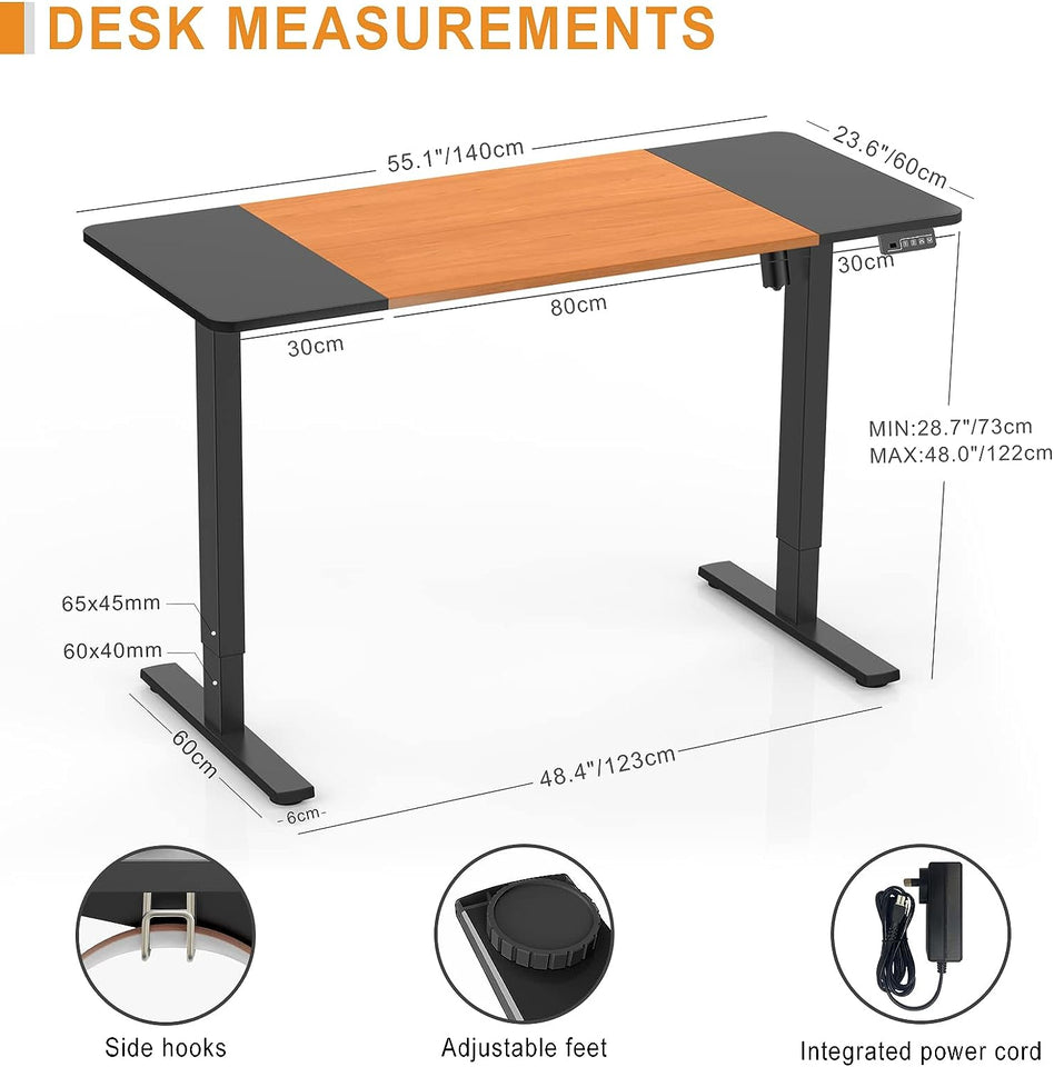 Electric Height Adjustable Standing Desk 140X60Cm (55.1"X23.6"), Sit Stand Desk with Splicing Top for Home Office (Black Frame, Black + Cherry Desktop)