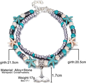 Blue Starfish Turtle Anklet Multilayer Charm Beads Sea Handmade Boho Anklet Foot Jewelry for Women Girl