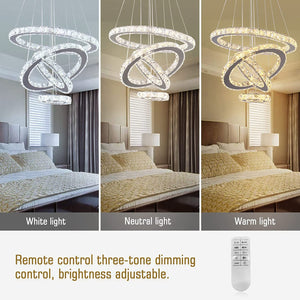 LED Modern Crystal Chandeliers 3 Colors Dimmable Remote K9 Crystal Flush Mount Ceiling Light Fixture 4 Rings Pendant Light Fixture for Bedroom Living Room Dining Room Kitchen Entryway