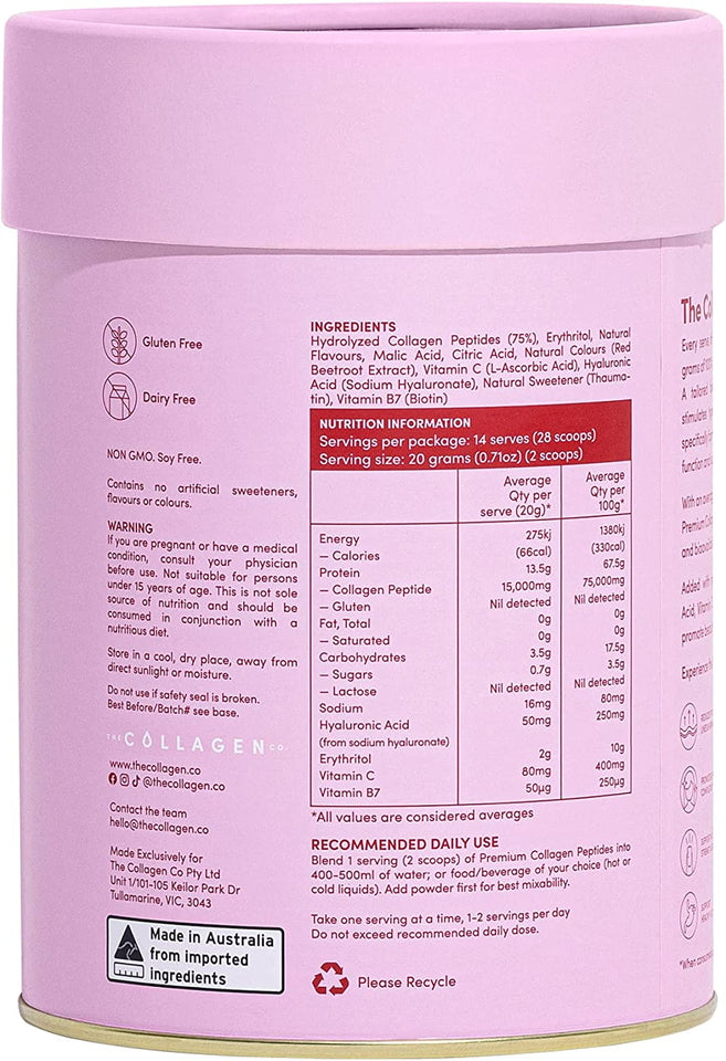Premium Collagen Peptides with Vitamin C and Biotin - Supports Healthy Hair, Glowing Skin, Strengthen Joints and Bones - Strawberry Watermelon Collagen 14 Serve Loose Powder (280G)