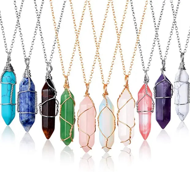 10 Pieces Hexagonal Crystal Pendant Necklace,  Full Wire Wrap Gemstone Necklace for Women Girls pattanaustralia