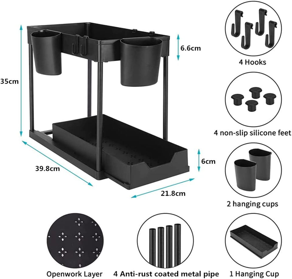 under Sink Organiser and Storage, 2 Tier Pull Out Sliding Cabinet Basket Organizer Rack with Hooks, Hanging Cup, Multi-Purpose Spice Rack Storage Shelf for Bathroom Kitchen Countertop