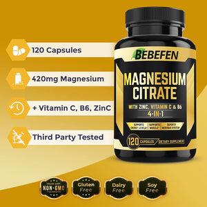 (𝟒 𝐌𝐨𝐧𝐭𝐡 𝐒𝐮𝐩𝐩𝐥𝐲) Magnesium Citrate 𝟏𝟐𝟎 𝐂𝐚𝐩𝐬𝐮𝐥𝐞𝐬 with 𝐙𝐢𝐧𝐜, 𝐕𝐢𝐭𝐚𝐦𝐢𝐧 𝐂, 𝐁𝟔 – Muscle, Joint, Heart & Digestion Support