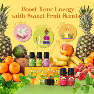 Fruit Essential Oils Set of 6 X 10Ml Aromatherapy Oils for Diffusers - Passion Fruit, Strawberry, Guava, Pineapple, Green Apple, Fig Fruity Scented Fragrance Oils for Diffusion, Candle Making