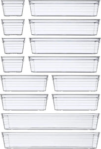14 PCS Clear Plastic Drawer Organizer Tray for Makeup, Kitchen Utensils, Jewelries and Gadgets