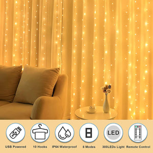 Fairy Curtain Lights,  300 LED Window Curtain String Light Wedding Party Home Garden Bedroom Outdoor Indoor Wall Decorations (Warm White)