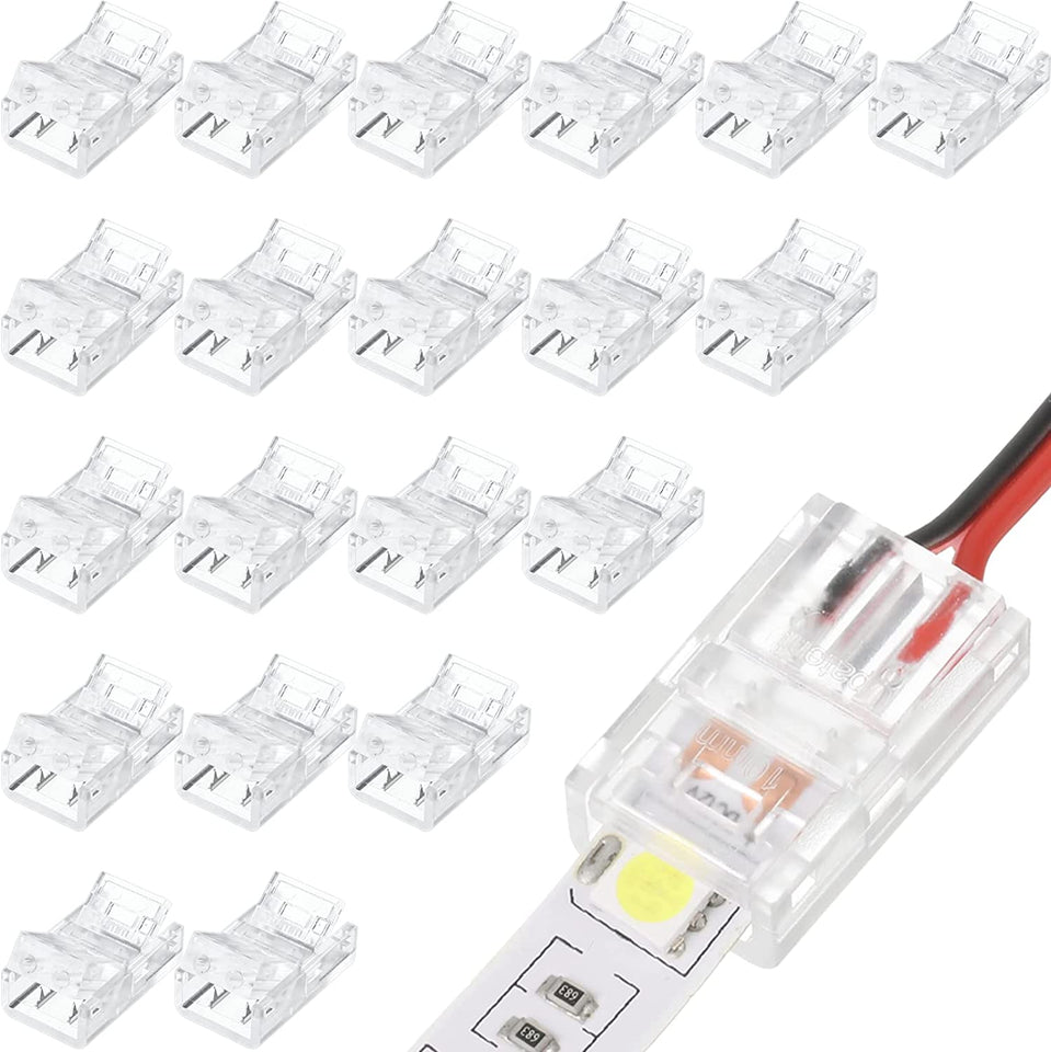 RGB LED Light Strip Connectors 20 Waterproof Adapter Transparent Solderless for Unwired Gapless Track Lighting Connector 5V 12V 24V (2 Pin, 10 Mm)