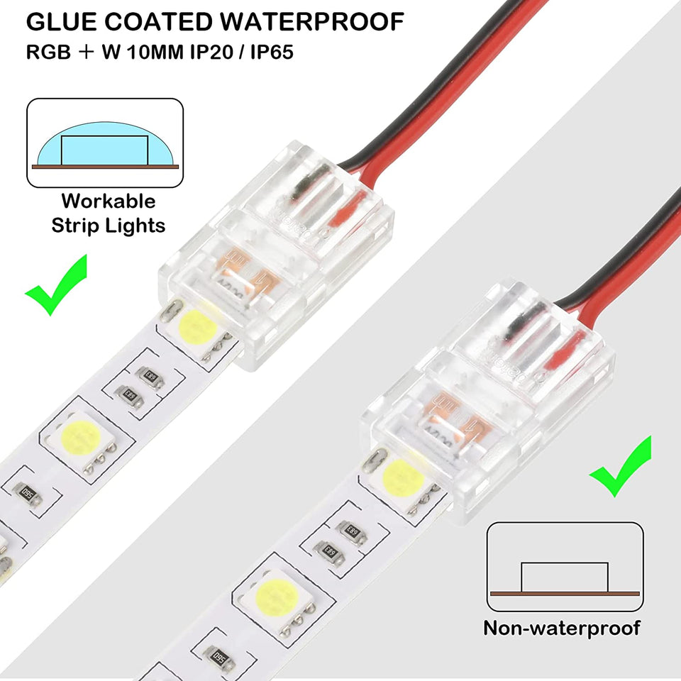 RGB LED Light Strip Connectors 20 Waterproof Adapter Transparent Solderless for Unwired Gapless Track Lighting Connector 5V 12V 24V (2 Pin, 10 Mm)