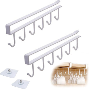 2Pack under Cabinet 6-Mug Hooks under Shelf, Multi-Function Cup Mug Holder for Kitchen under the Closet Hanging Organizer Hooks, Kitchen Storage Rack Hooks Utensil for Mug Cabinet Shelves White